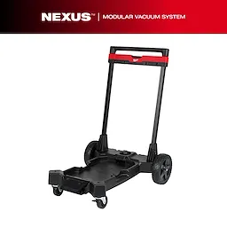 The NEXUS™ Premium Wet/Dry Vacuum Cart is a sturdy black cart with a handle, two large rear wheels, and two smaller front casters. The cart is designed to hold a vacuum system, providing mobility for wet and dry cleaning tasks.