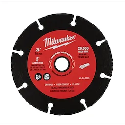 The 3" Carbide Abrasive Cut-Off Blade by Milwaukee features a maximum RPM of 20,000. It is compatible with 3/8" arbor size and is designed for cutting drywall, fiber cement, and plastic. The blade has a black edge and a red center with specifications and safety icons.