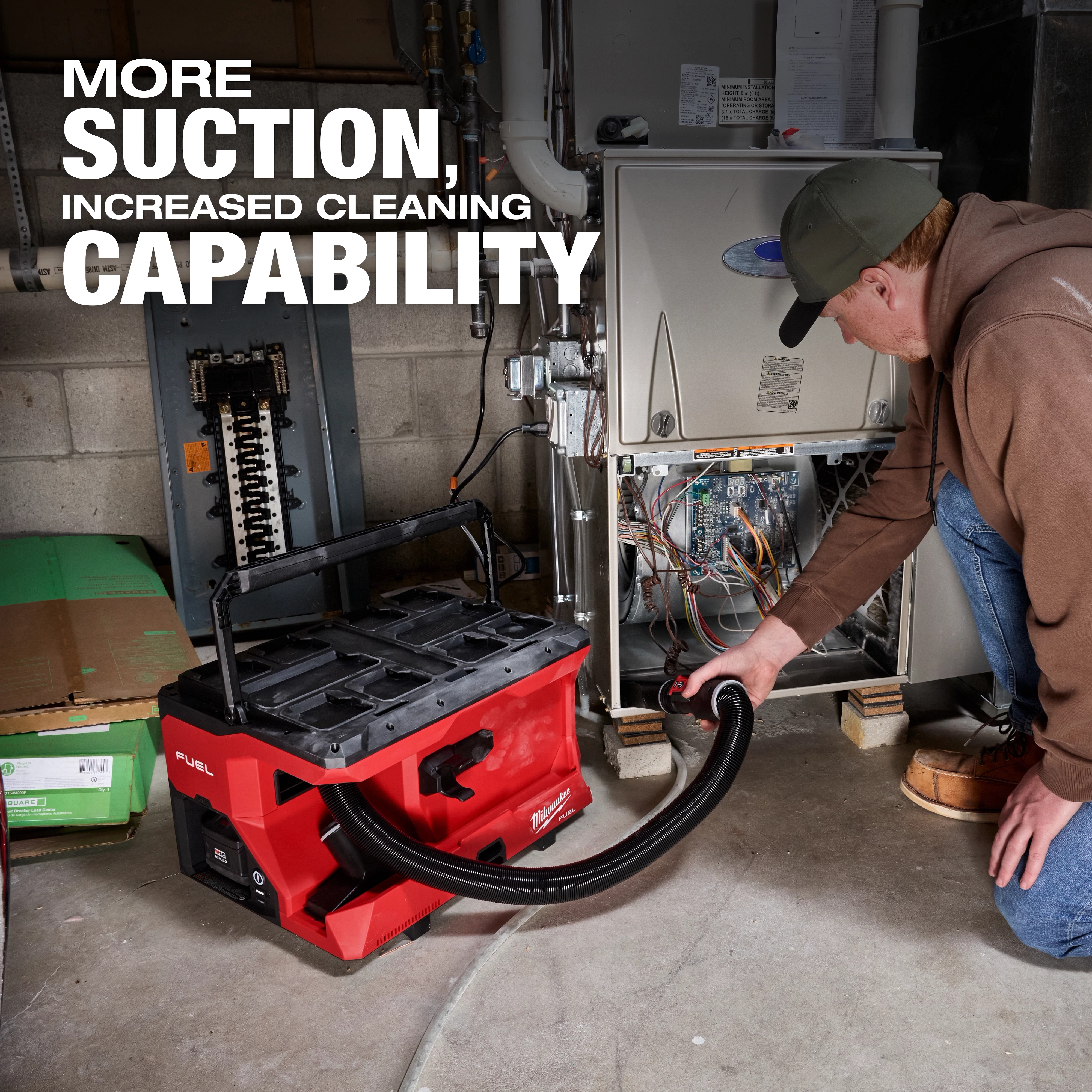 M18 FUEL 4 Gallon Wet/Dry Vacuum w/ PACKOUT Compatibility & VACLINK used to clean a furnace area in a basement.