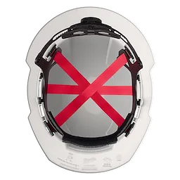 Top view of the inside of a white hard hat with red straps and black padding.