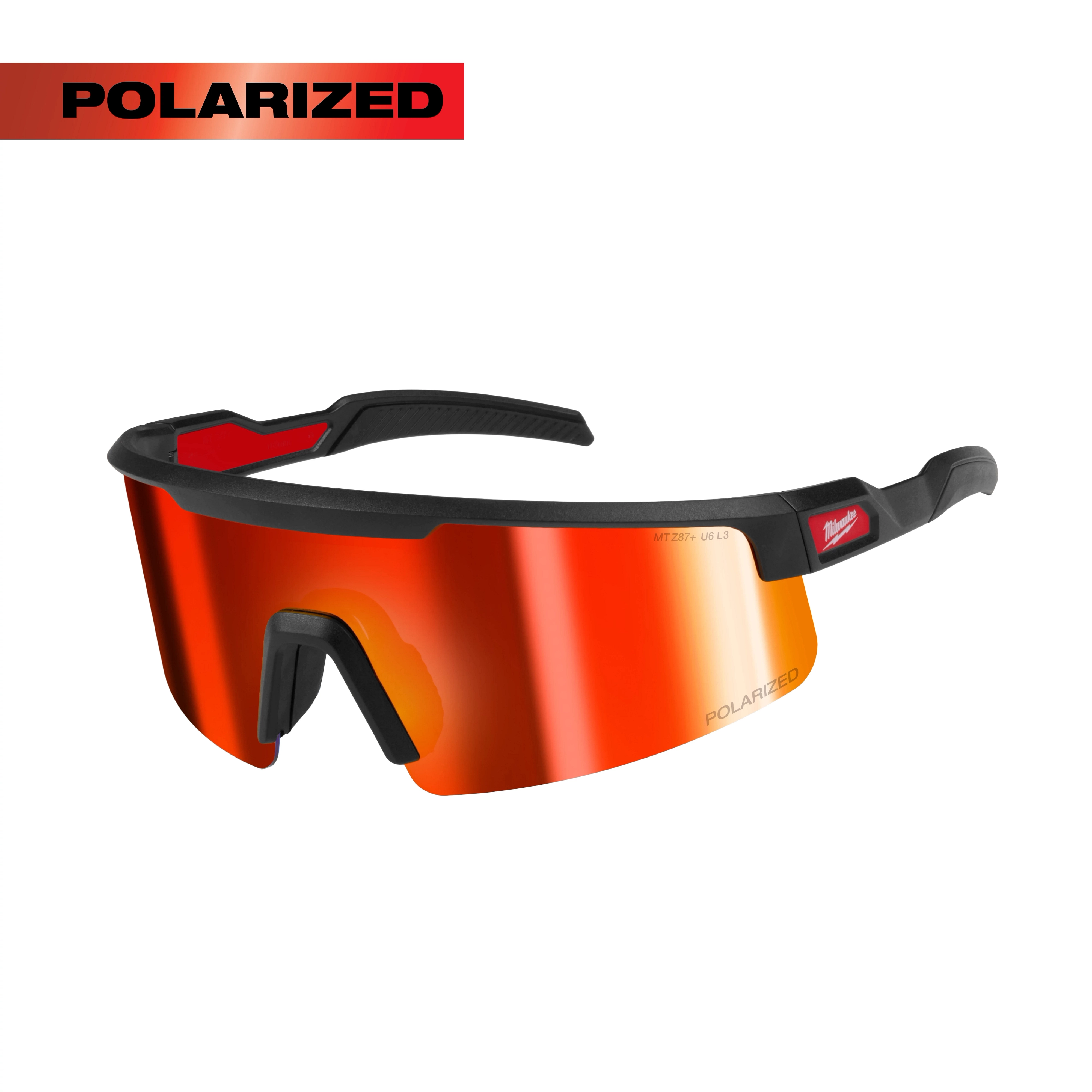 Polarized Wrap Around Safety Glasses with red mirrored dual coat lens, featuring a black frame with red accent details.