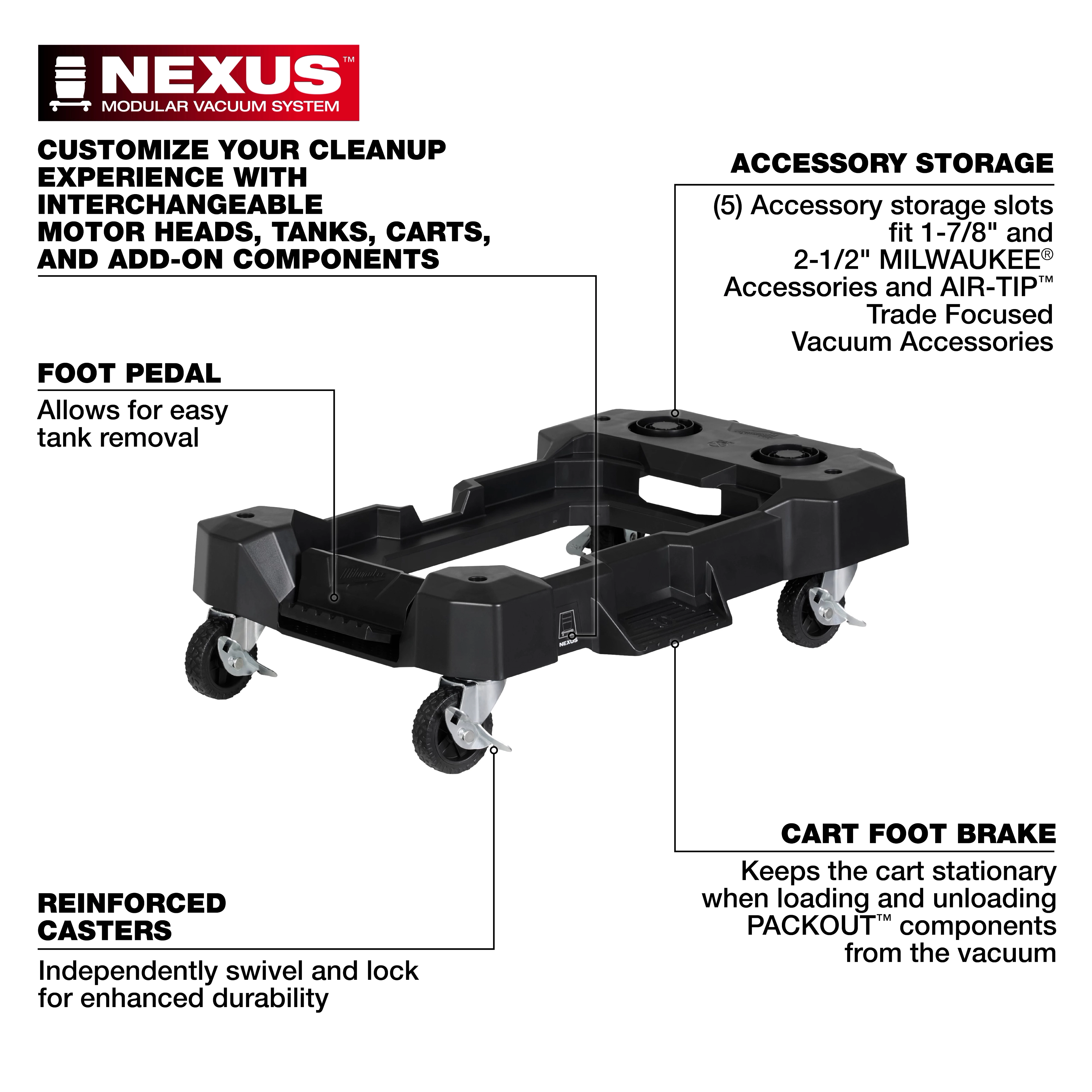 NEXUS™ Wet/Dry Vacuum Cart has reinforced casters, a foot pedal for easy tank removal, accessory storage slots for 1-7/8" and 2-1/2" MILWAUKEE® accessories, and a cart foot brake for stability during loading and unloading of PACKOUT™ components. Customizable cleanup system with interchangeable components.