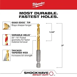 The SHOCKWAVE 3/16 in. Titanium Twist Drill Bit features a quad edge tip for durability, a variable helix for efficient material removal, and a thicker tapered web for increased strength. It measures 3 inches in length and 1.14 inches for the tip.