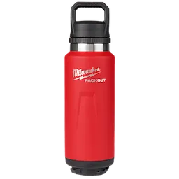 Red PACKOUT 36oz Insulated Bottle with Chug Lid, featuring a sturdy black handle, and the brand name in white text on the front.