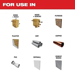 The OPEN-LOK™ 3 PC Multi-Material Oscillating Multi-Tool Blade Set is designed for use on wood with nails, wood with screws, plywood, plaster, EMT, copper, PVC, drywall, and cement board. The image highlights these materials with small visuals and text labels.