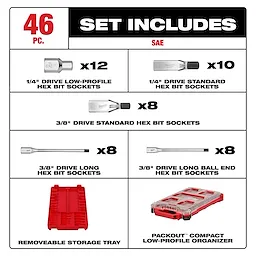 46pc 1/4” and 3/8” Drive SAE Bit Socket Set with PACKOUT Compact Low-Profile Organizer displayed with sockets and trays.
