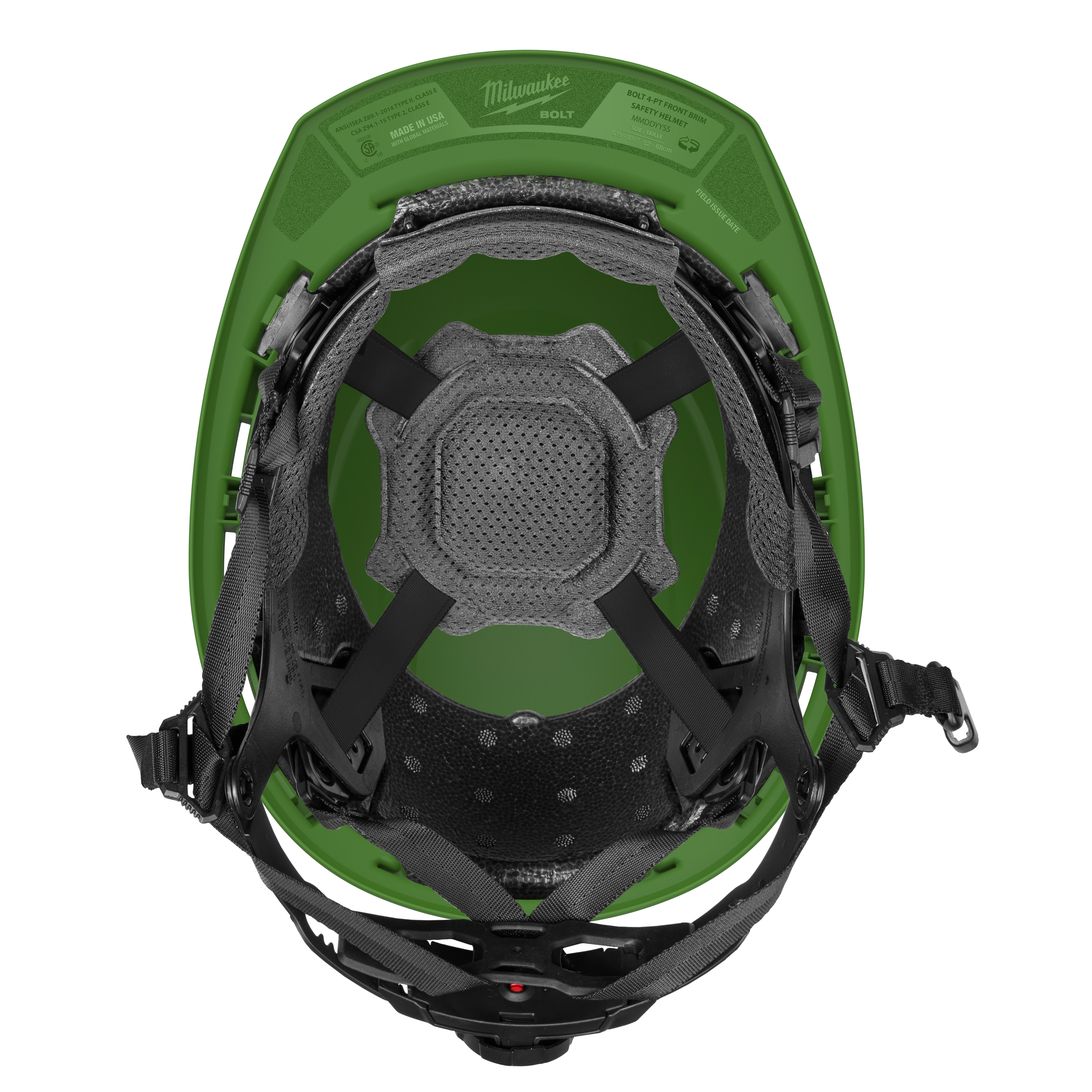 The BOLT™ Green Front Brim Safety Helmet w/ 4pt Ratcheting Suspension - Type 2, Class E is displayed from an interior view, featuring the black adjustable ratcheting suspension system and padded support inside the green helmet shell. The helmet ensures enhanced safety and comfort for various work environments.
