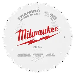Milwaukee 8-1/4 inch 24-tooth Circular Saw Blade for framing, compatible with 5/8 inch arbor, featuring cobalt-infused tungsten carbide and anti-friction coating.