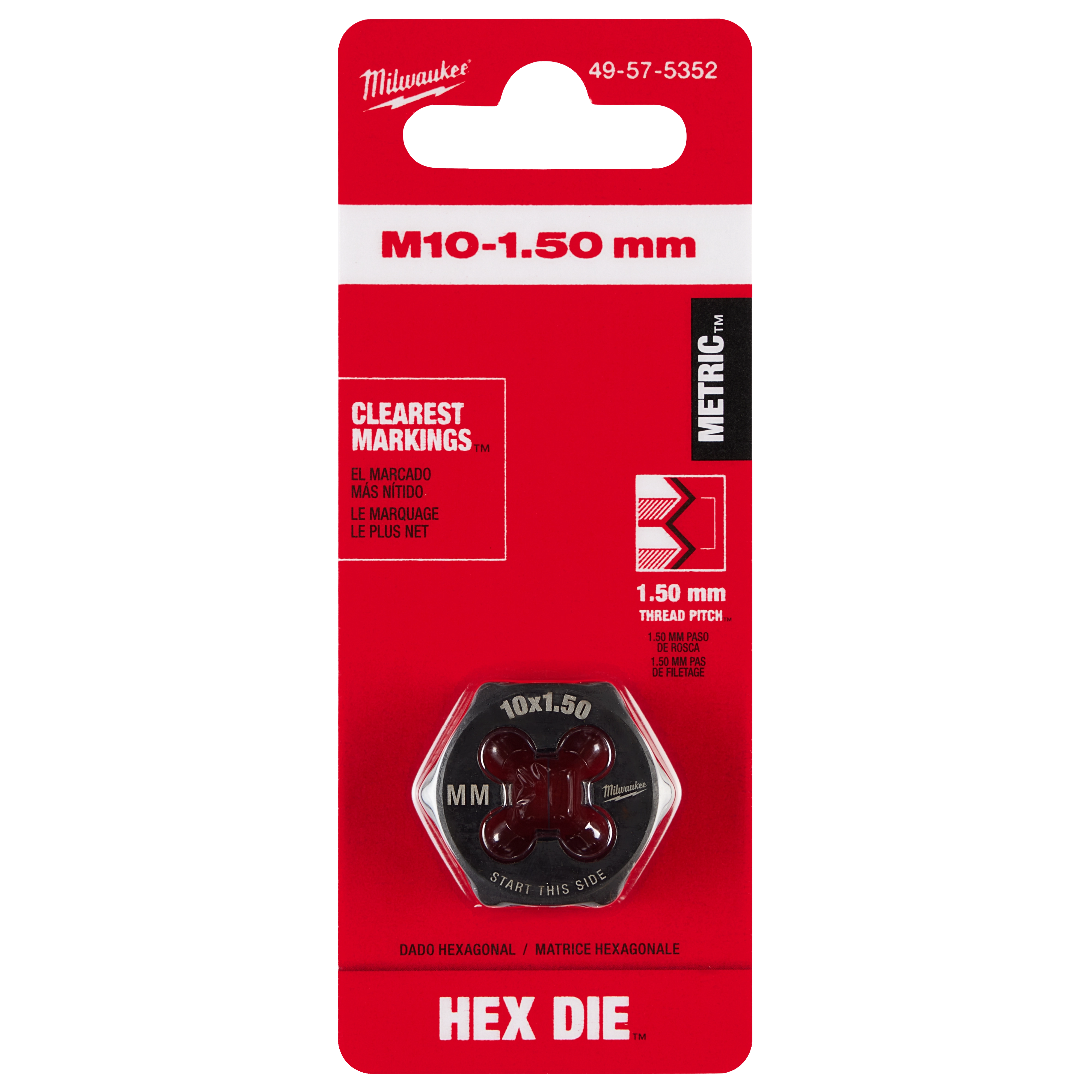 M10-1.50 20mm 1-Inch Hex Threading Die in original packaging with red and white background, metric thread pitch 1.50 mm.