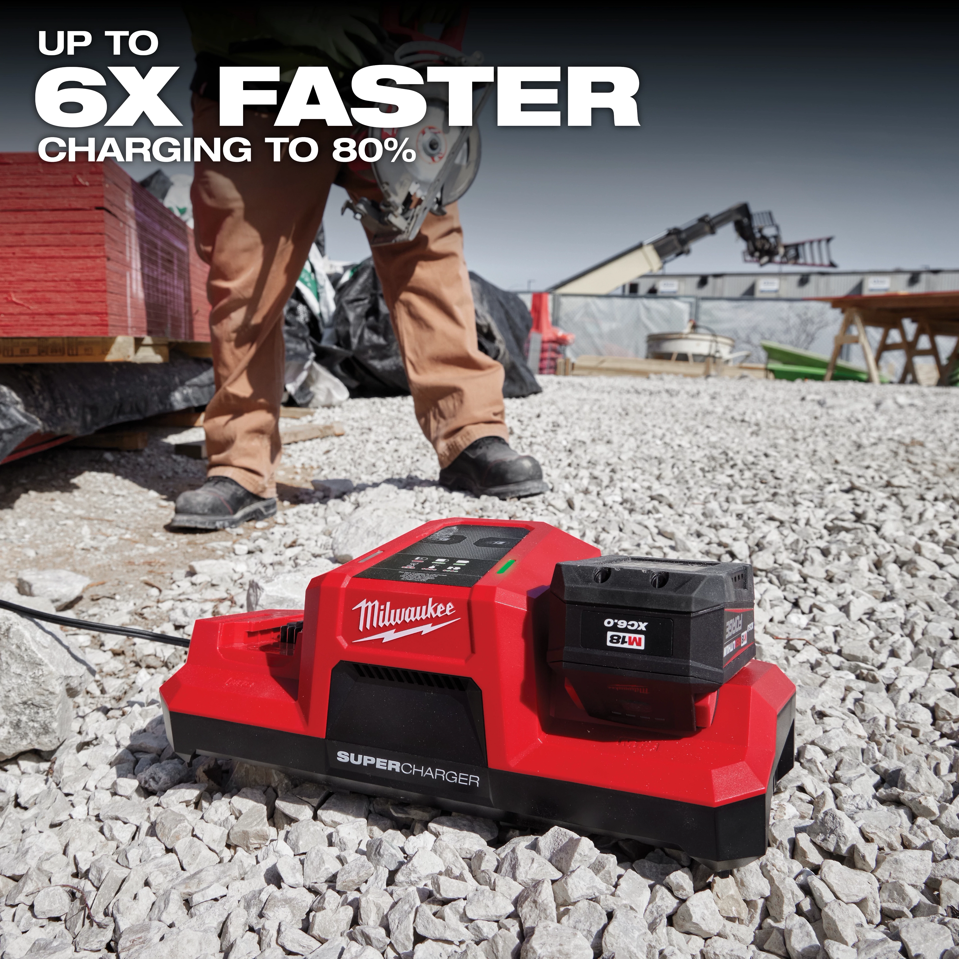 Milwaukee Supercharger is displayed on a construction site, emphasizing its ability to charge batteries up to six times faster to 80%. The bright red charger, equipped with a battery, stands on gravel near a worker and construction materials, highlighting its efficiency in demanding environments.