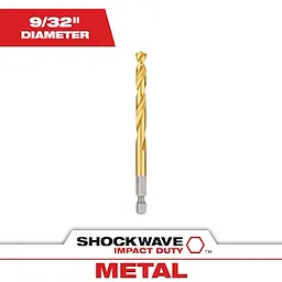The SHOCKWAVE 9/32 in. Titanium Drill Bit is designed for metal drilling. The bit features a titanium coating and a hex shank for impact driver compatibility.