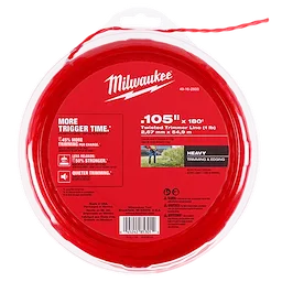 A spool of Milwaukee .105" x 180' Trimmer Line in red packaging. The label highlights features such as longer life, greater cutting power, and longer run-time. The product is made from high-grade polymers with a twisted design.