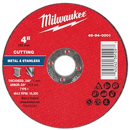 Red circular 4" x .040" x 5/8" Metal Cut Off Wheel - Type 1 for cutting metal and stainless steel, with safety icons and barcode.