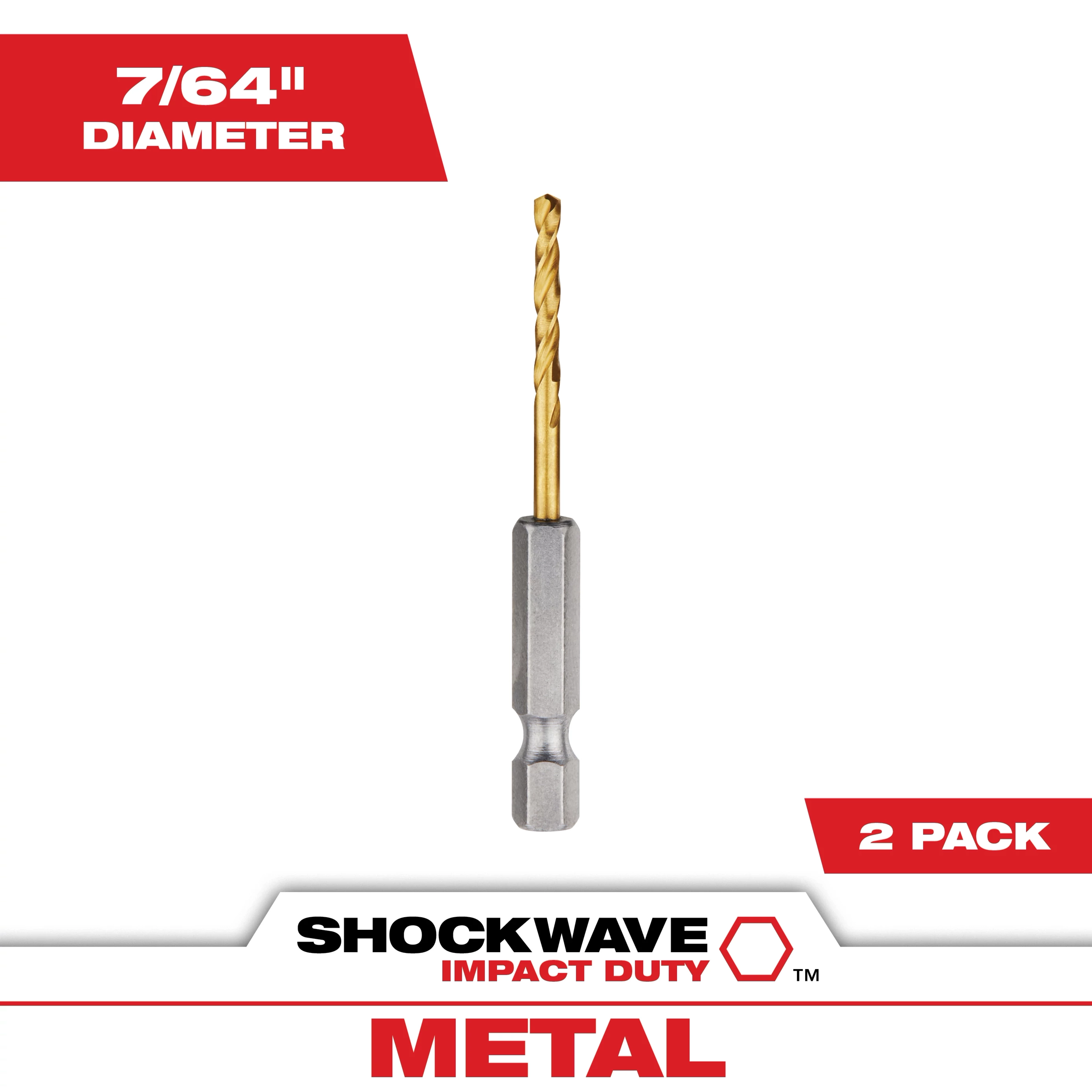 The SHOCKWAVE 7/64 in. Titanium Twist Drill Bit is shown in a single pack. Packaging highlights its 7/64 inch diameter and suitable for metal. The bit features a hex shank, titanium coating, and twist design for durability and precision. Brand logo and "Impact Duty" label are visible.