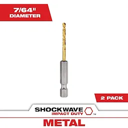 The SHOCKWAVE 7/64 in. Titanium Twist Drill Bit is shown in a single pack. Packaging highlights its 7/64 inch diameter and suitable for metal. The bit features a hex shank, titanium coating, and twist design for durability and precision. Brand logo and "Impact Duty" label are visible.