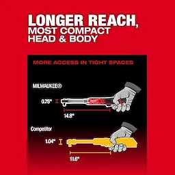 M12 FUEL 1/2" Extended Reach Ratchet diagram comparing tool length and head size to a shorter rival ratchet.