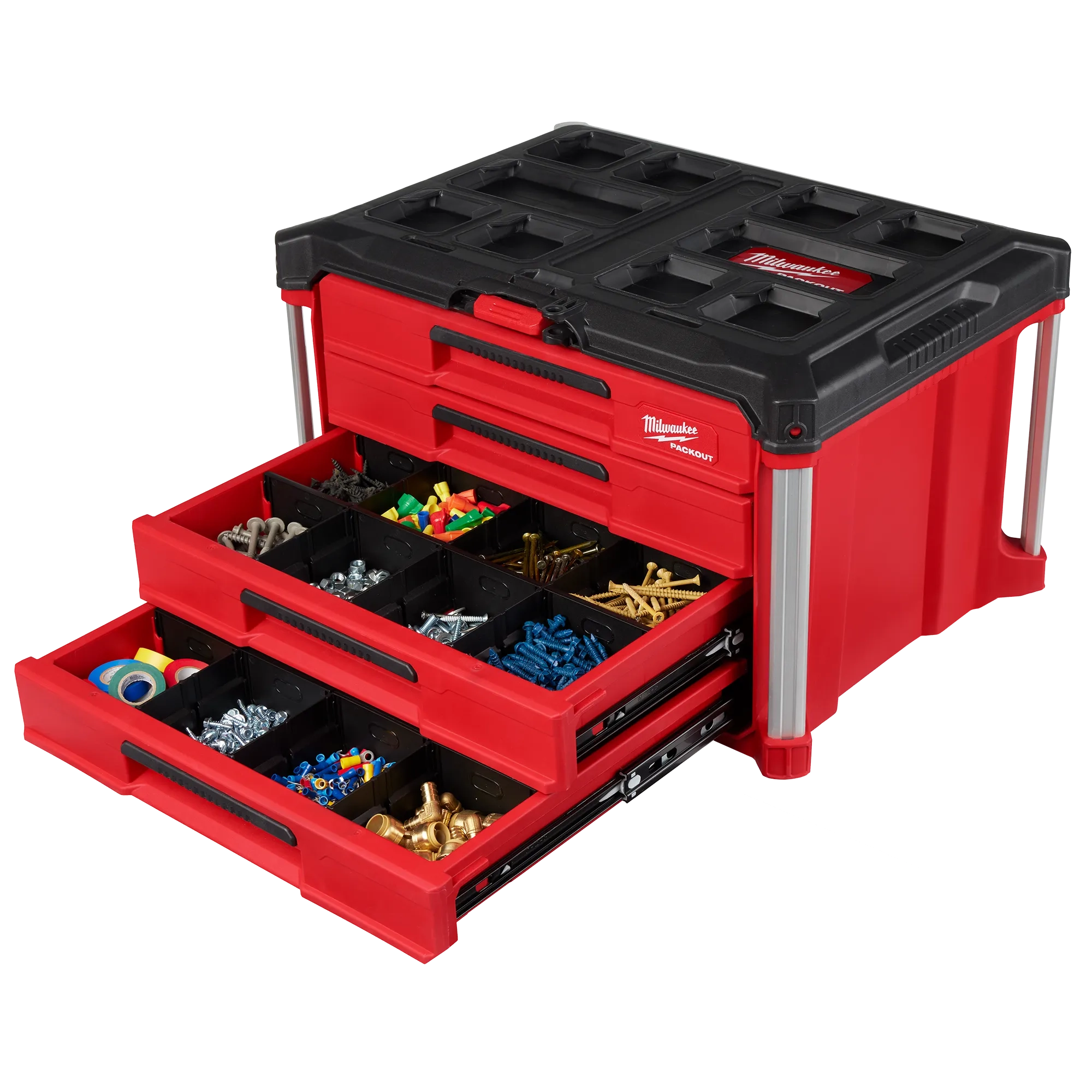 PACKOUT Multi-Depth 4-Drawer Tool Box with screws, tape, bolts, and more organized 