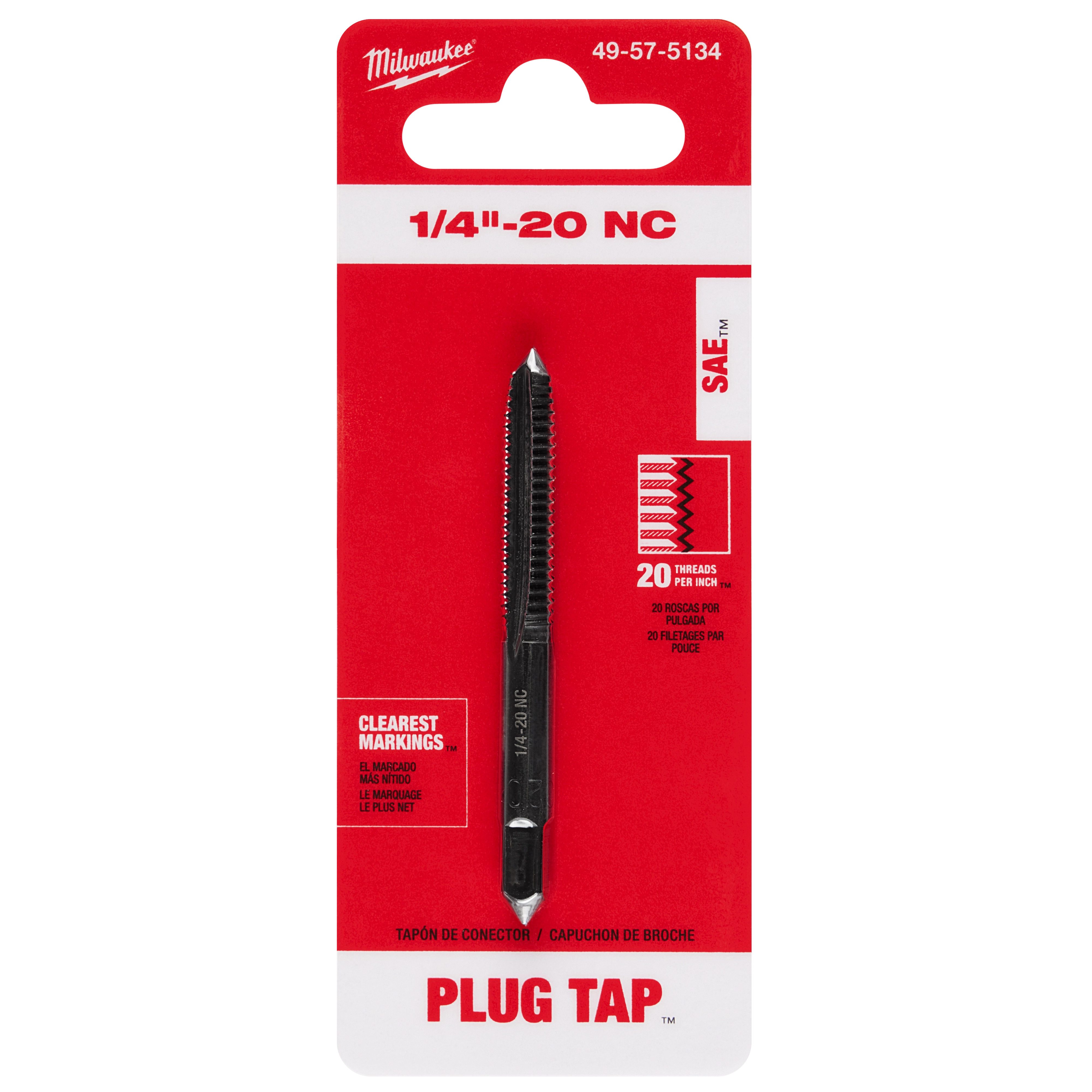 Red packaging of 1/4"-20 NC Straight Flute Plug Tap, displaying the tap tool, 20 threads per inch, and clearest markings.