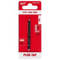 Red packaging of 1/4"-20 NC Straight Flute Plug Tap, displaying the tap tool, 20 threads per inch, and clearest markings.
