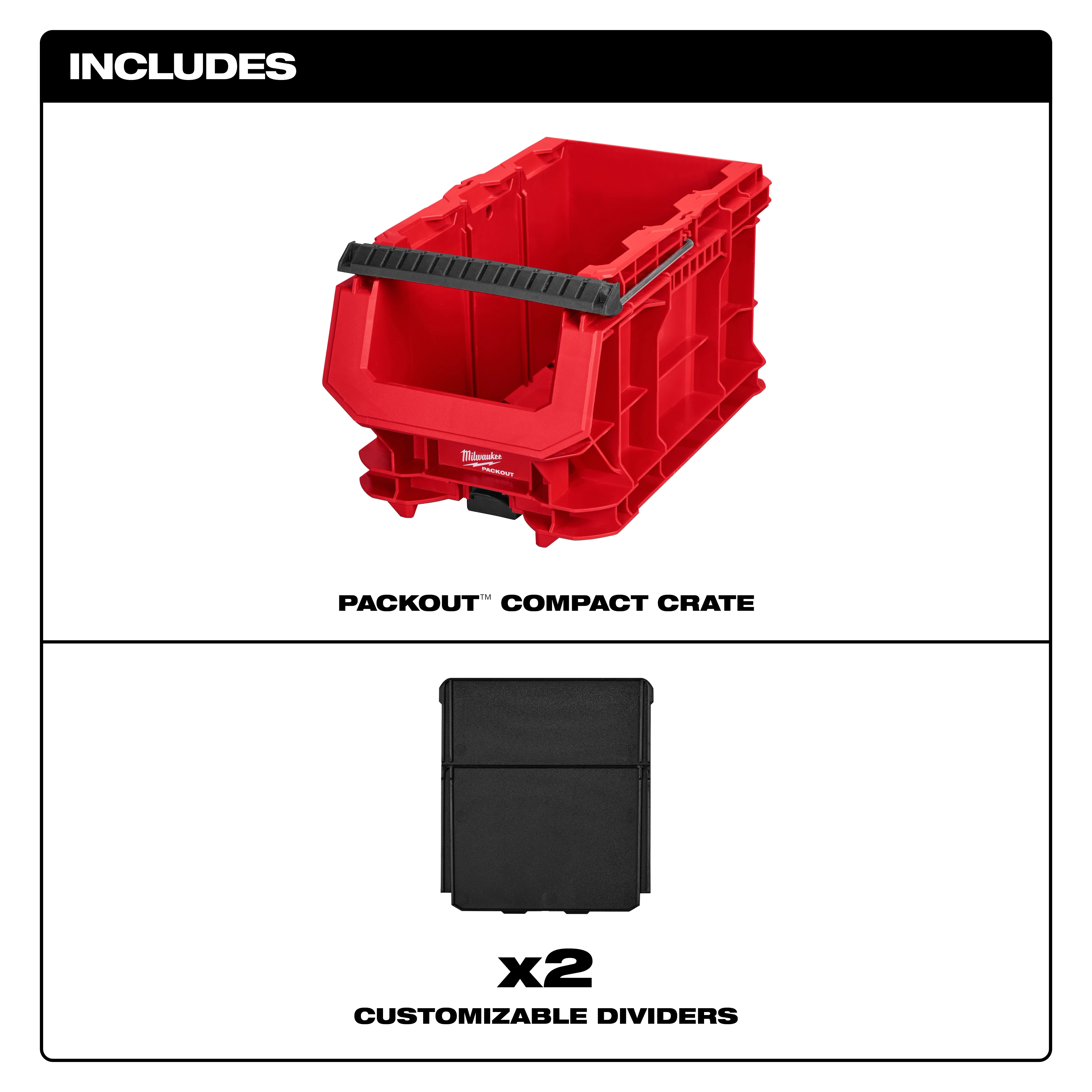 PACKOUT Compact Crate with a black handle and two rectangular customizable dividers displayed below.
