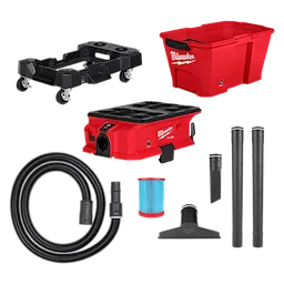 Image of the Milwaukee M18 FUEL PACKOUT 2.5 Gallon Wet/Dry Vacuum Kit. It includes a red vacuum unit, a red storage bin, black rolling base, flexible hose, filter, and various vacuum attachments. All components are arranged separately.