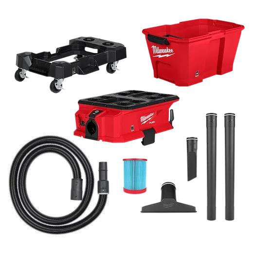 Image of the Milwaukee M18 FUEL PACKOUT 2.5 Gallon Wet/Dry Vacuum Kit. It includes a red vacuum unit, a red storage bin, black rolling base, flexible hose, filter, and various vacuum attachments. All components are arranged separately.
