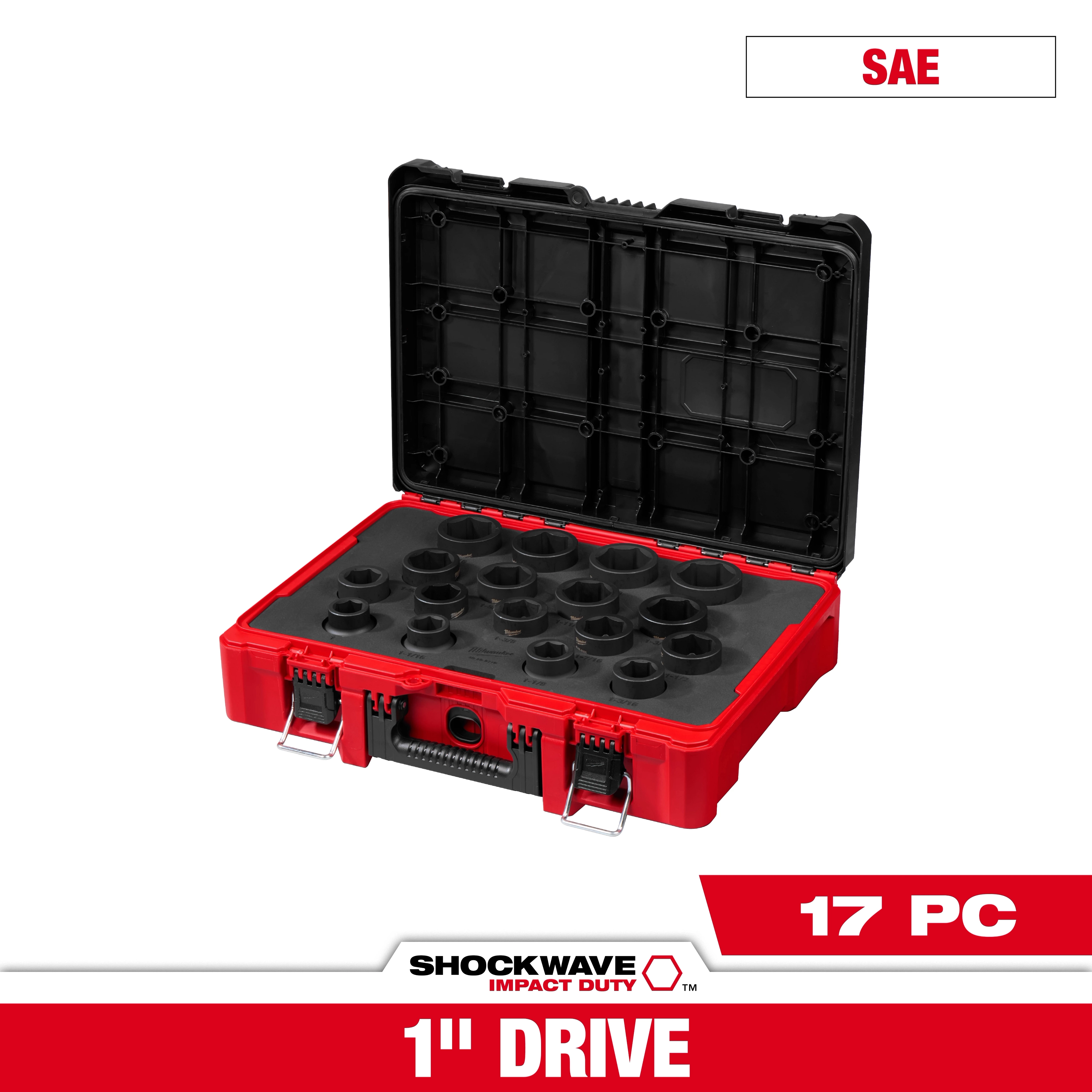 Open red case displaying the 17PC SHOCKWAVE Impact Duty 1" Drive SAE Standard Socket Set with PACKOUT.