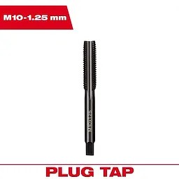 The M10-1.25 20mm Straight Flute Plug Tap is shown with a label indicating its size and type on a white background.