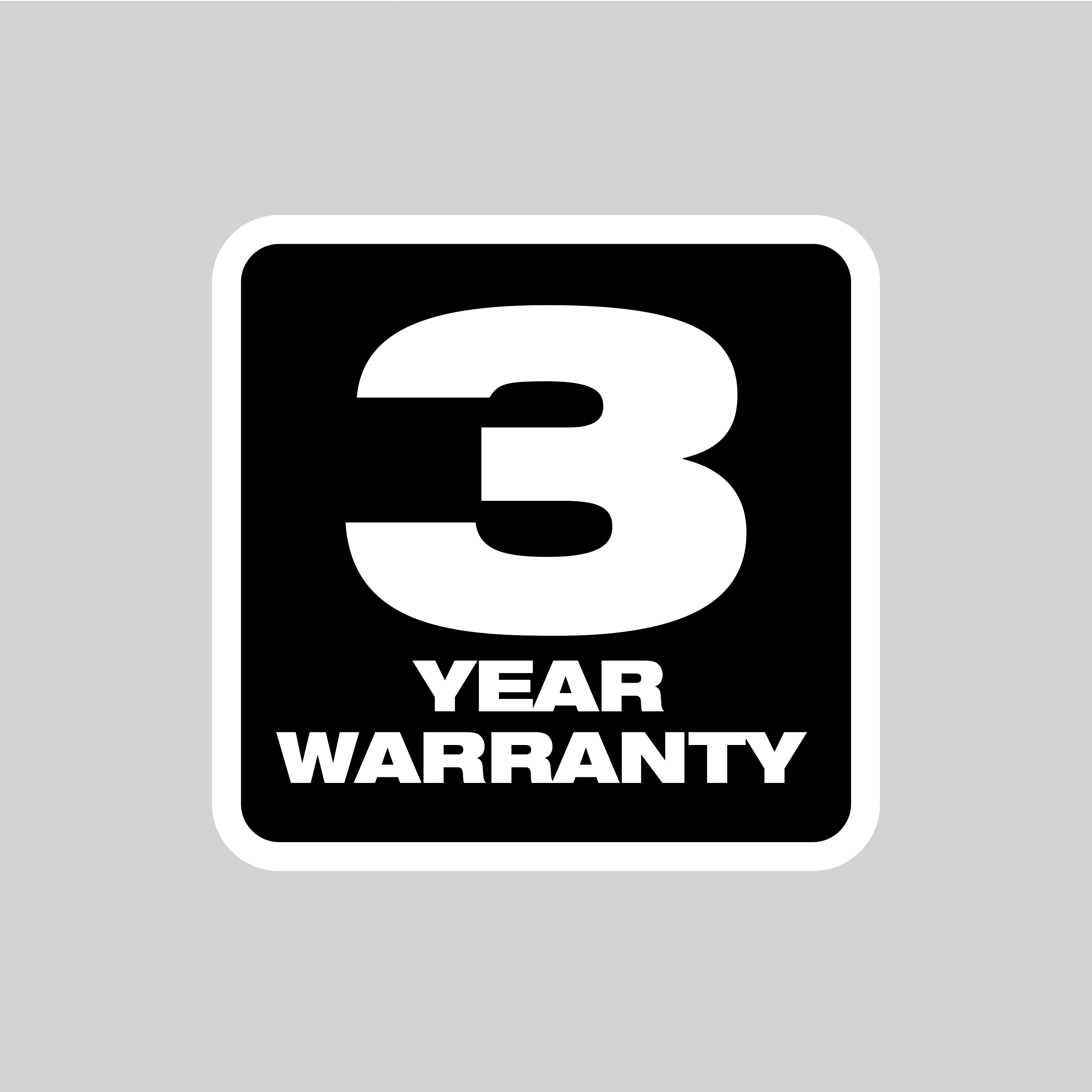 A black square icon with a white border features the number "3" prominently in white, with "YEAR WARRANTY" written below it in capital letters.