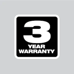 A black square icon with a white border features the number "3" prominently in white, with "YEAR WARRANTY" written below it in capital letters.