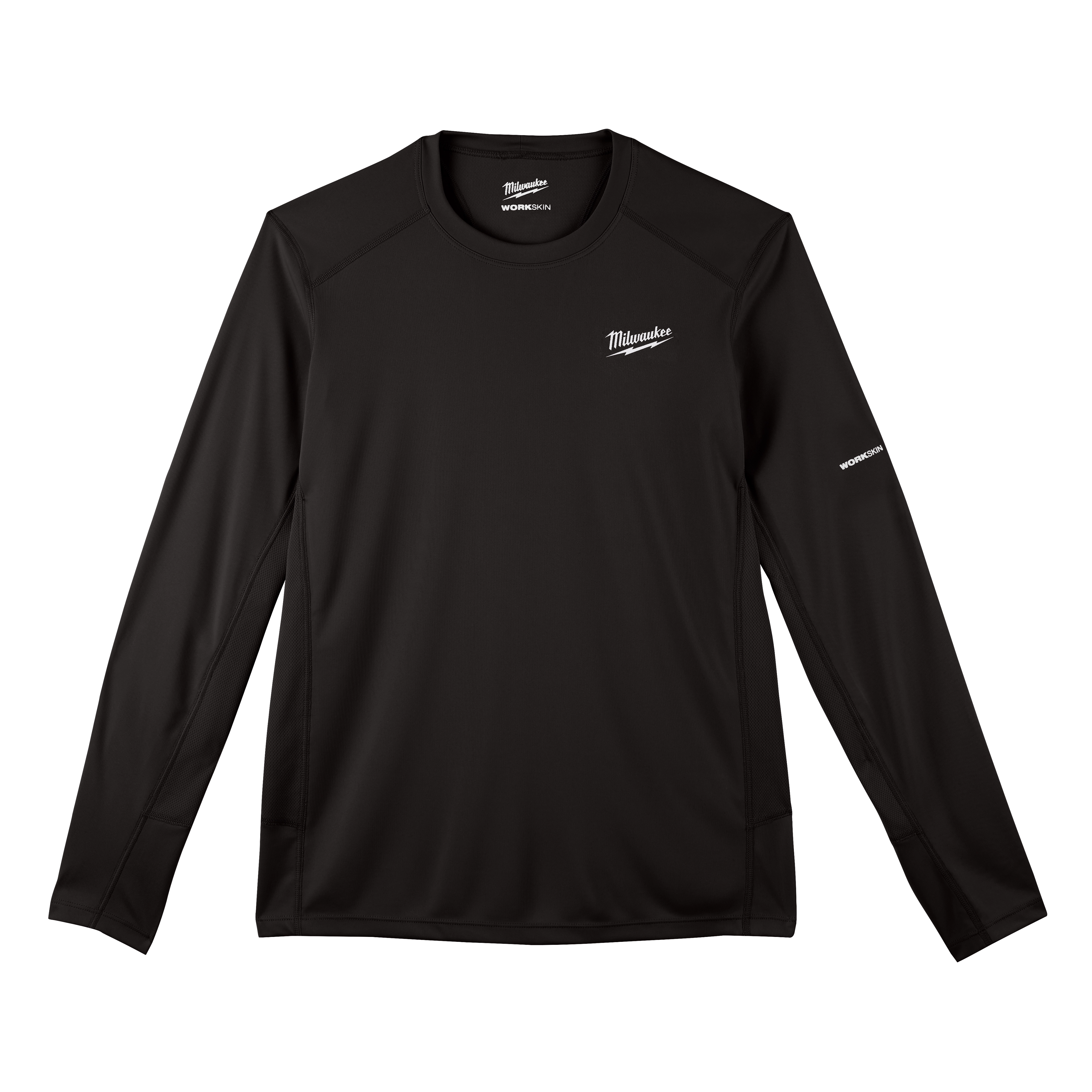 Black Milwaukee WORKSKIN Lightweight Performance Shirt with long sleeves, crew neckline, and white logo on the chest and sleeve.