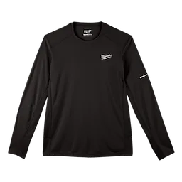 Black Milwaukee WORKSKIN Lightweight Performance Shirt with long sleeves, crew neckline, and white logo on the chest and sleeve.