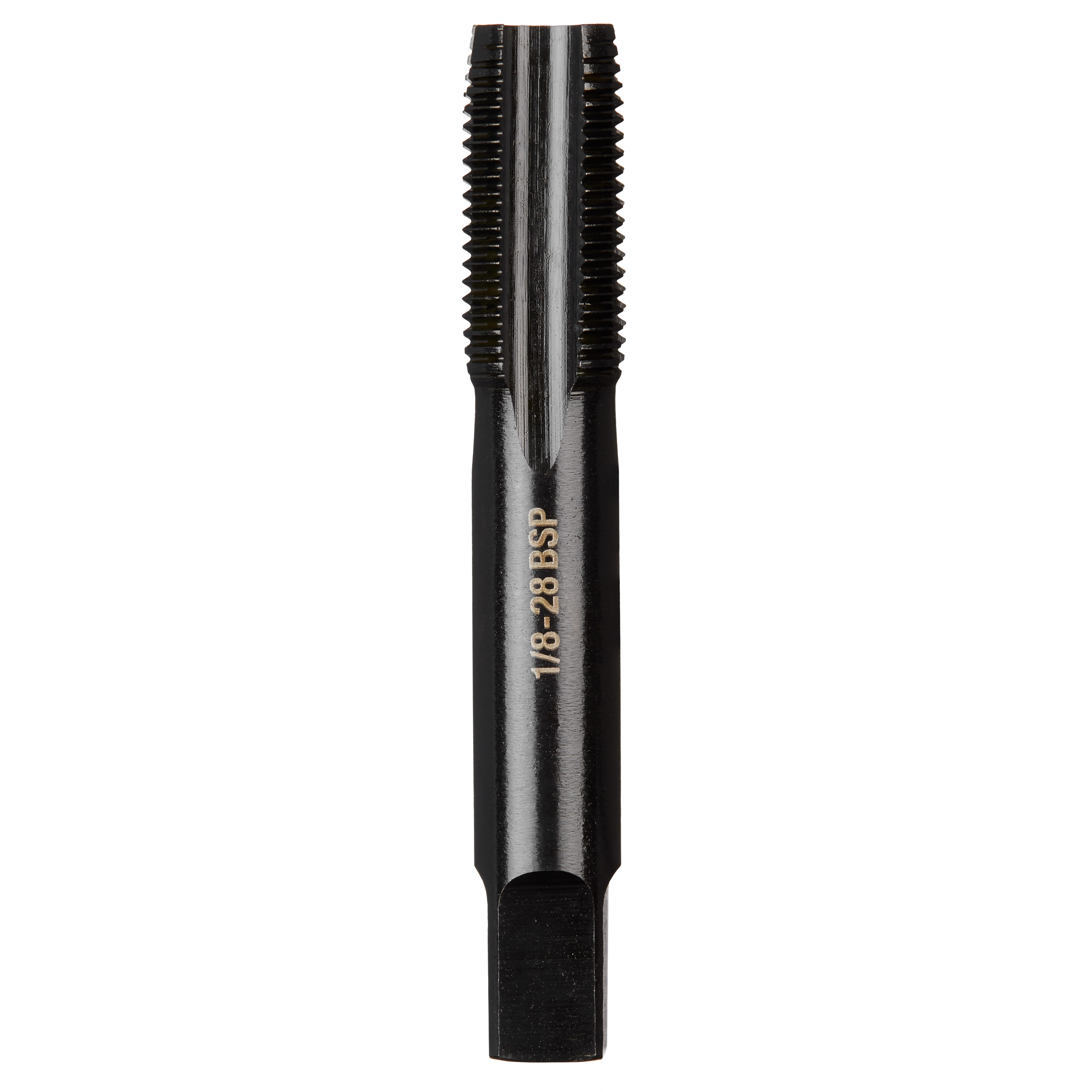 1/8-28 BSP Straight Flute Taper Tap features a black metallic finish with flute cutting edges for threading applications.