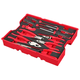 The image shows an 11PC Pliers & Pick Set with Tray for PACKOUT™ Drawers. The set includes various red and silver pliers and picks neatly arranged in a red and black tray. The tools are organized in specific slots, making them easily accessible.