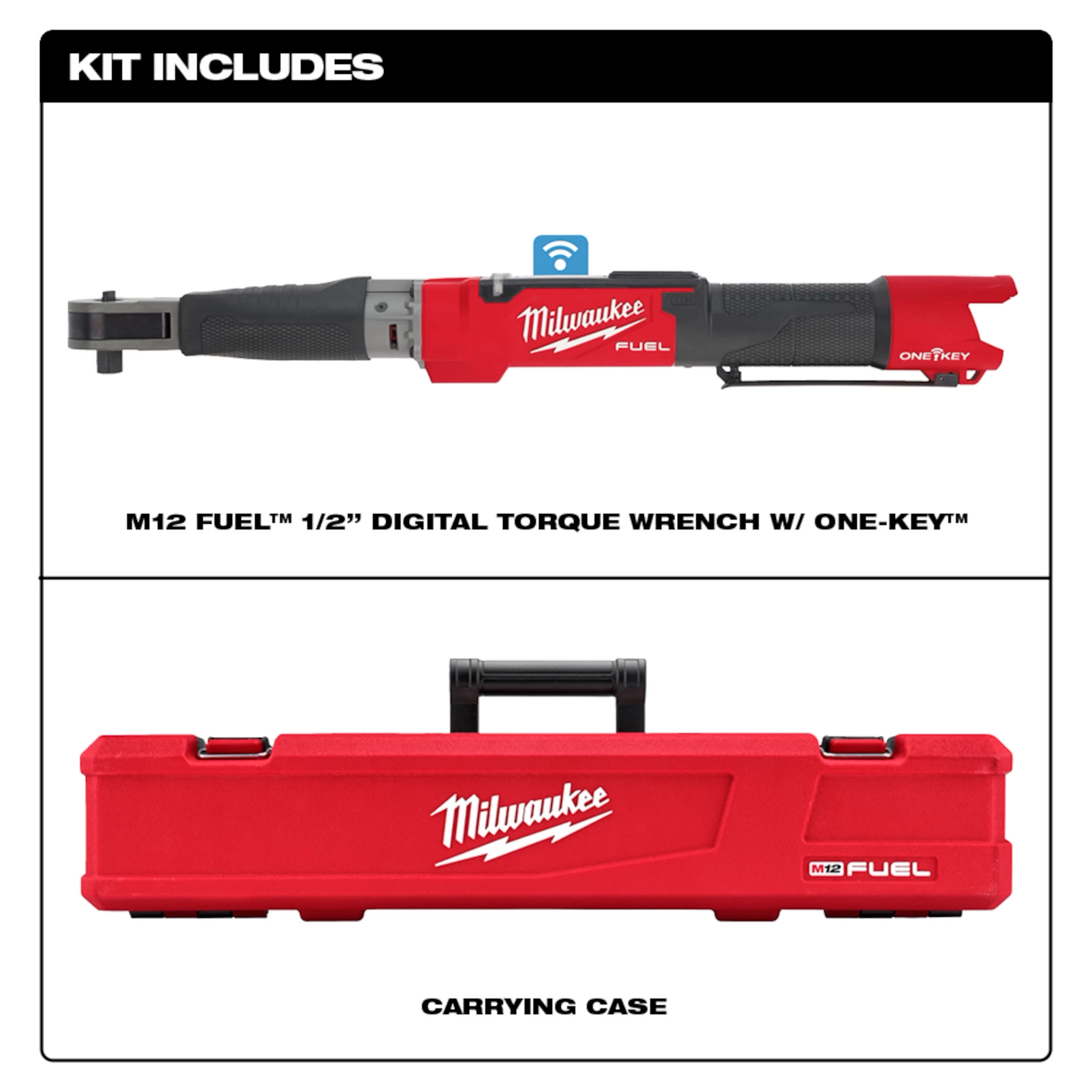M12 FUEL 1/2" Digital Torque Wrench with ONE-KEY Kit Includes features a digital torque wrench and a red carrying case.