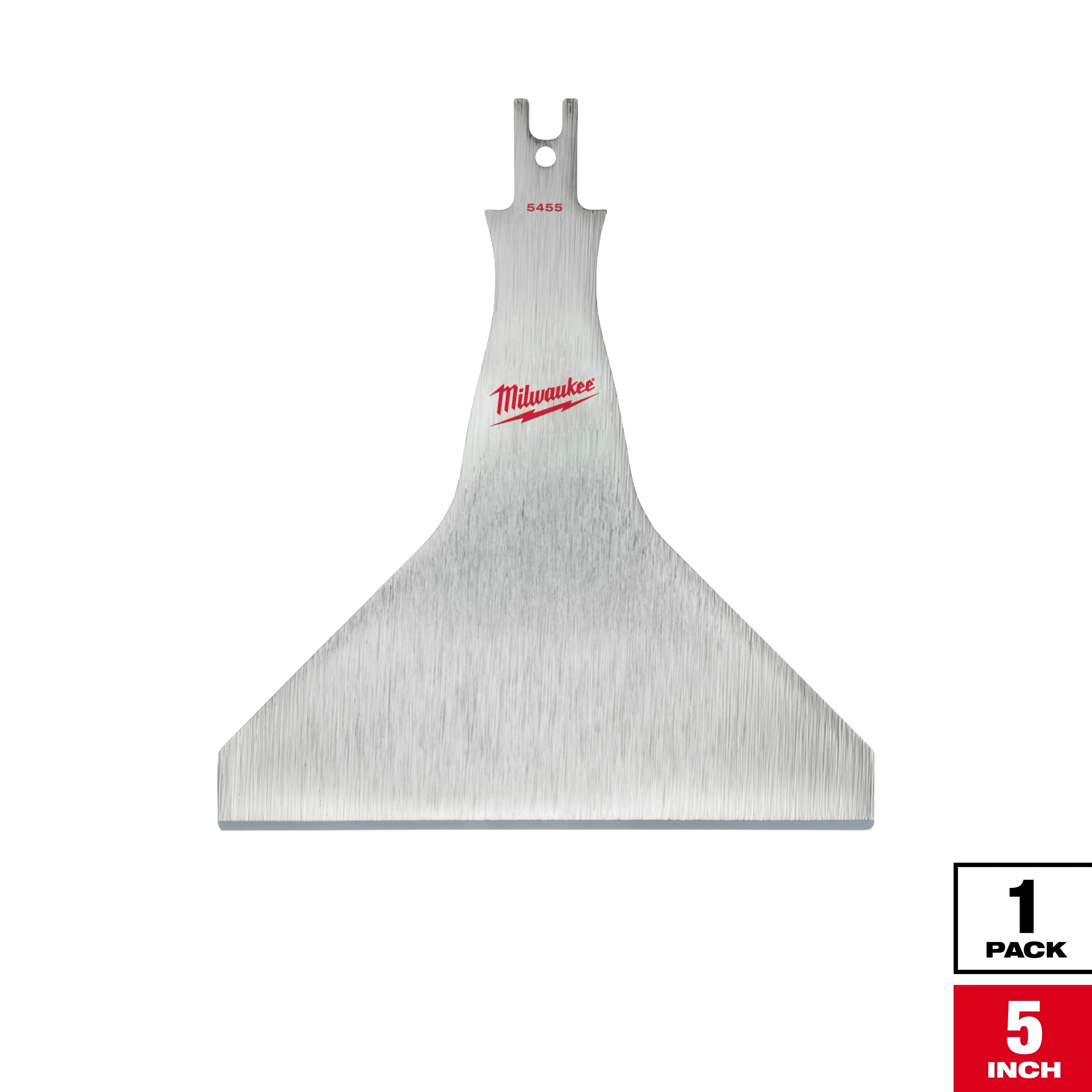 Milwaukee 5-inch Scraper Blade is a single-pack, durable metal blade designed for removing materials. The blade is wide with a straight edge, featuring the Milwaukee logo at the top.