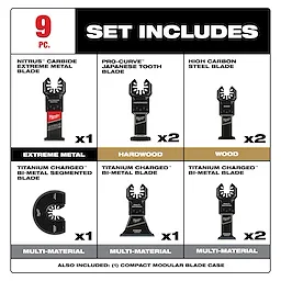 The OPEN-LOK™ 9 PC Oscillating Multi-Tool Blade Set includes blades for extreme metal, hardwood, wood, and multi-material. The set has one Nitrus carbide extreme metal blade, two Pro-Curve Japanese tooth blades, two high carbon steel blades, and various titanium-charged bi-metal blades. A compact modular blade case is also included.
