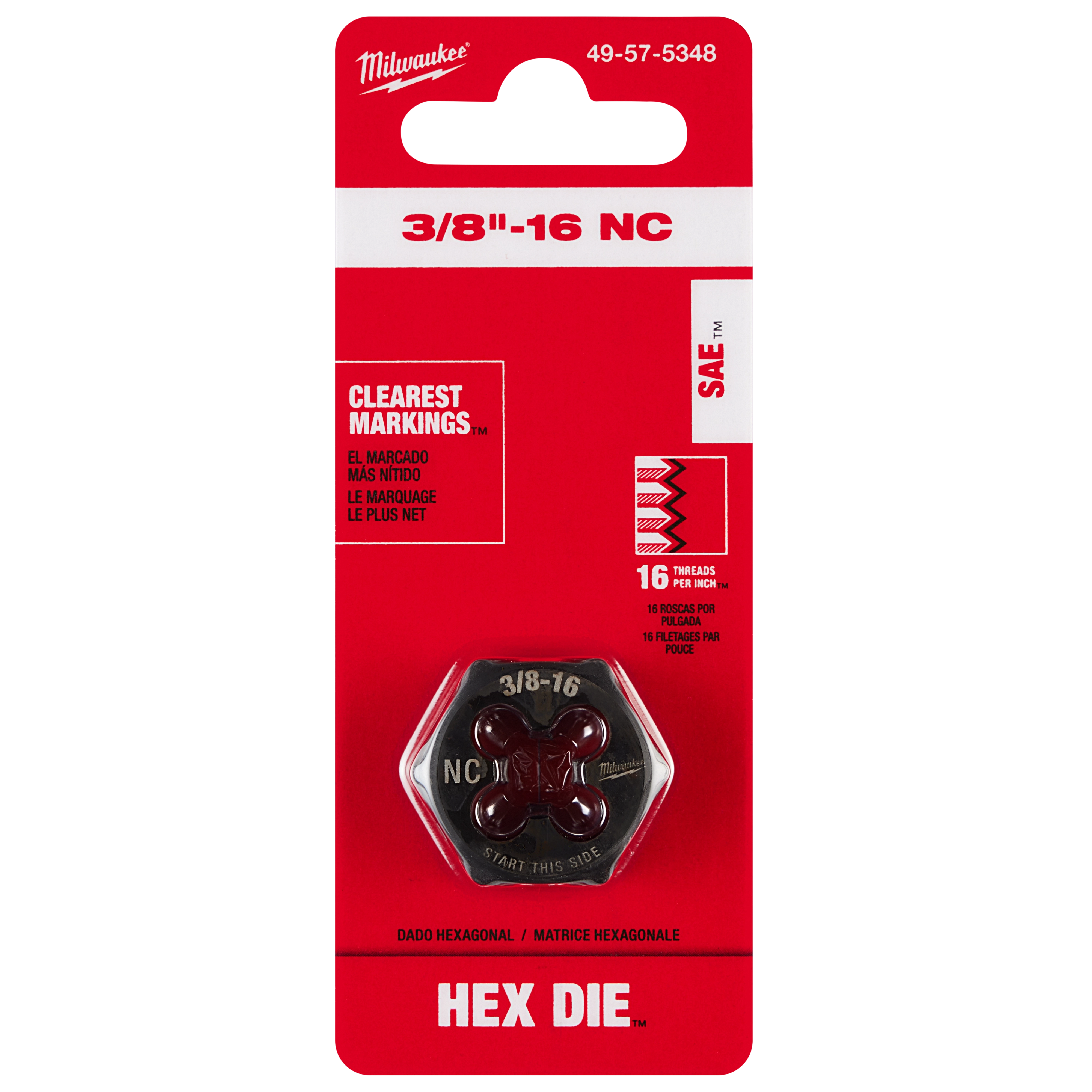 Red blister pack containing a 3/8"-16 NC 1-Inch Hex Threading Die, with clearest markings for threading, 16 threads per inch.