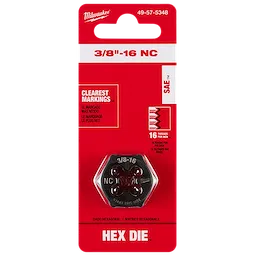 Red blister pack containing a 3/8"-16 NC 1-Inch Hex Threading Die, with clearest markings for threading, 16 threads per inch.