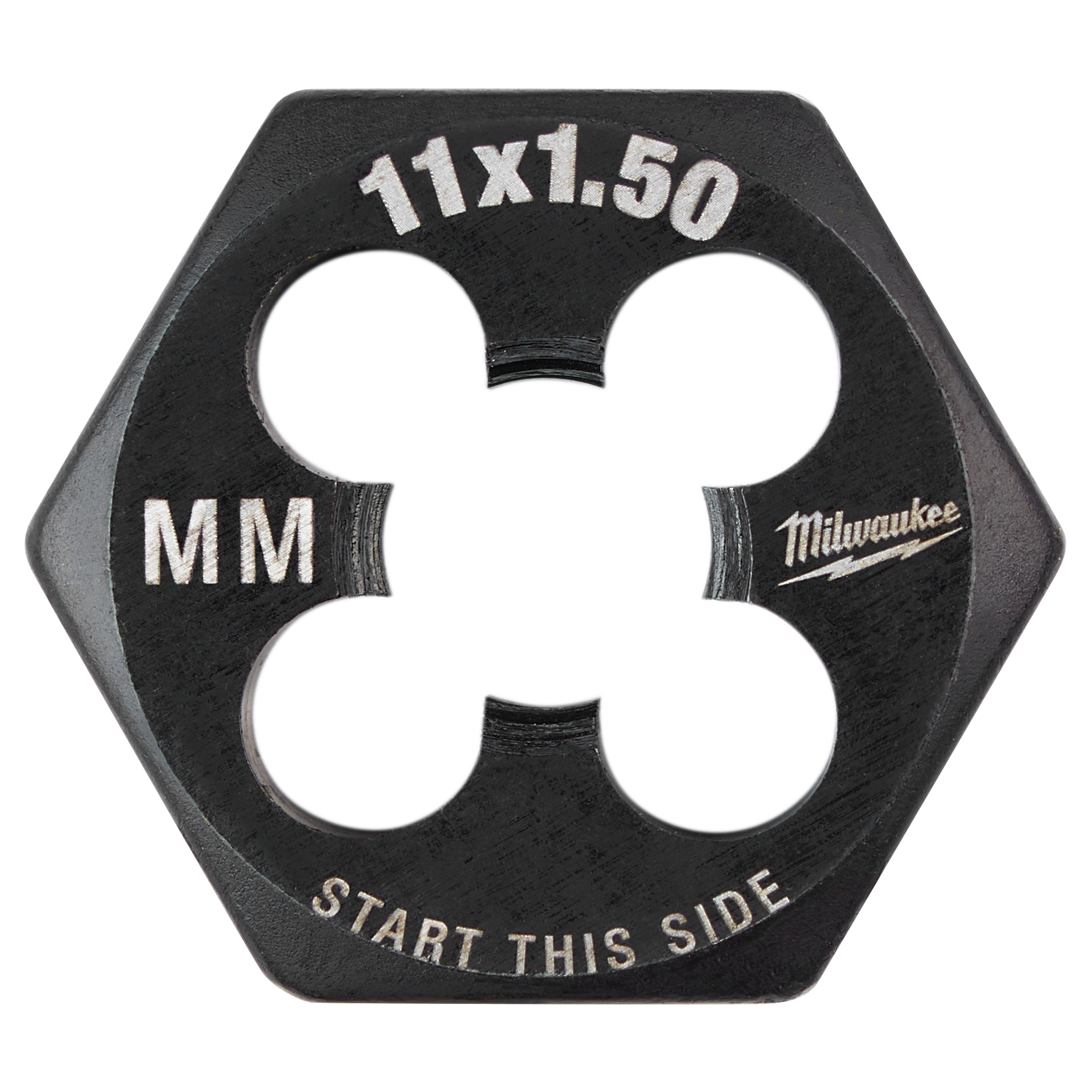 M11-1.50 20mm 1-Inch Hex Threading Die with a hexagonal shape and labeled "11x1.50" and "Start This Side" in white text.