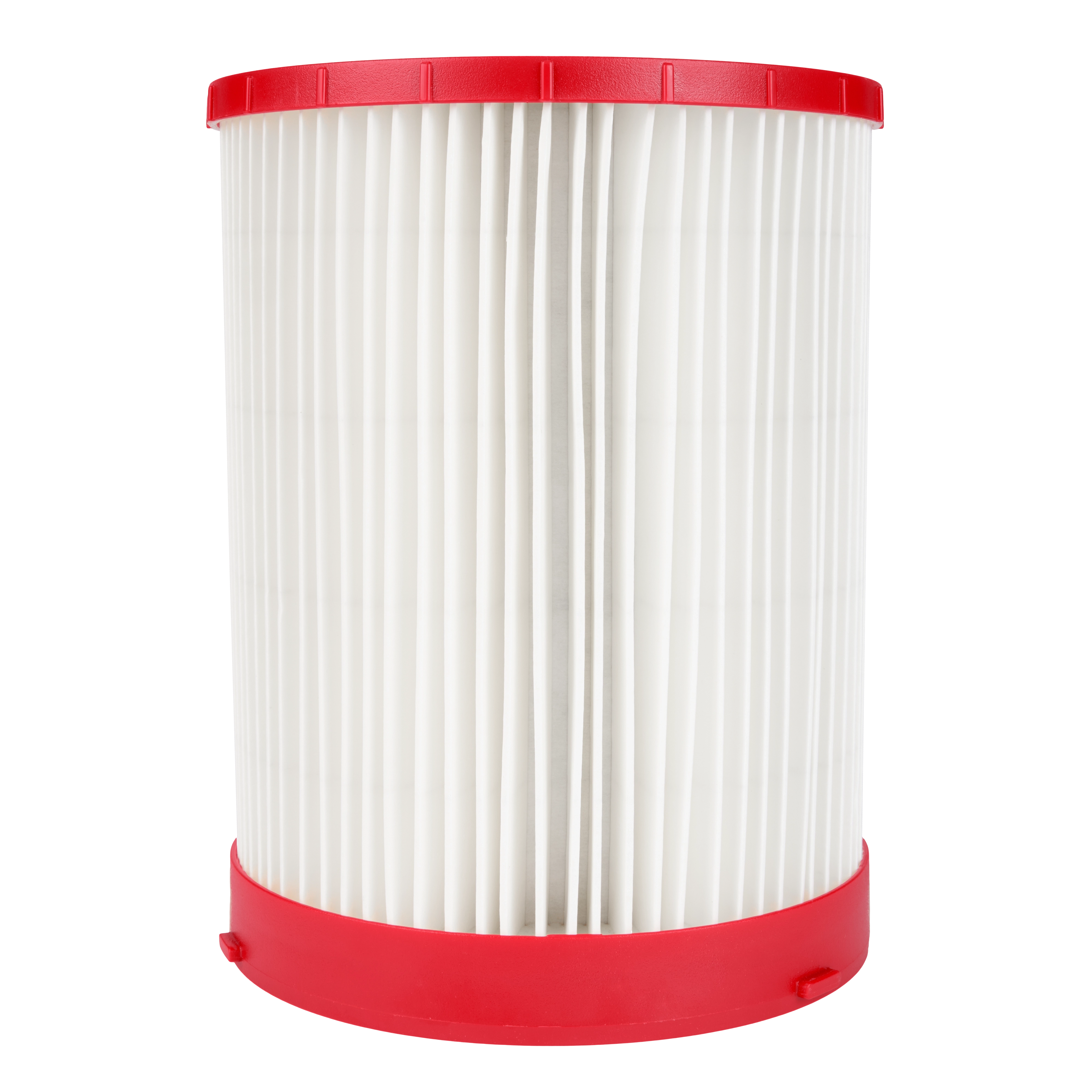 MILWAUKEE® Large Wet/Dry Vacuum HEPA Filter features white pleated filter material with red plastic caps on the top and bottom. It is cylindrical in shape and designed to capture fine dust, allergens, and other particles, ensuring a clean and healthy environment.