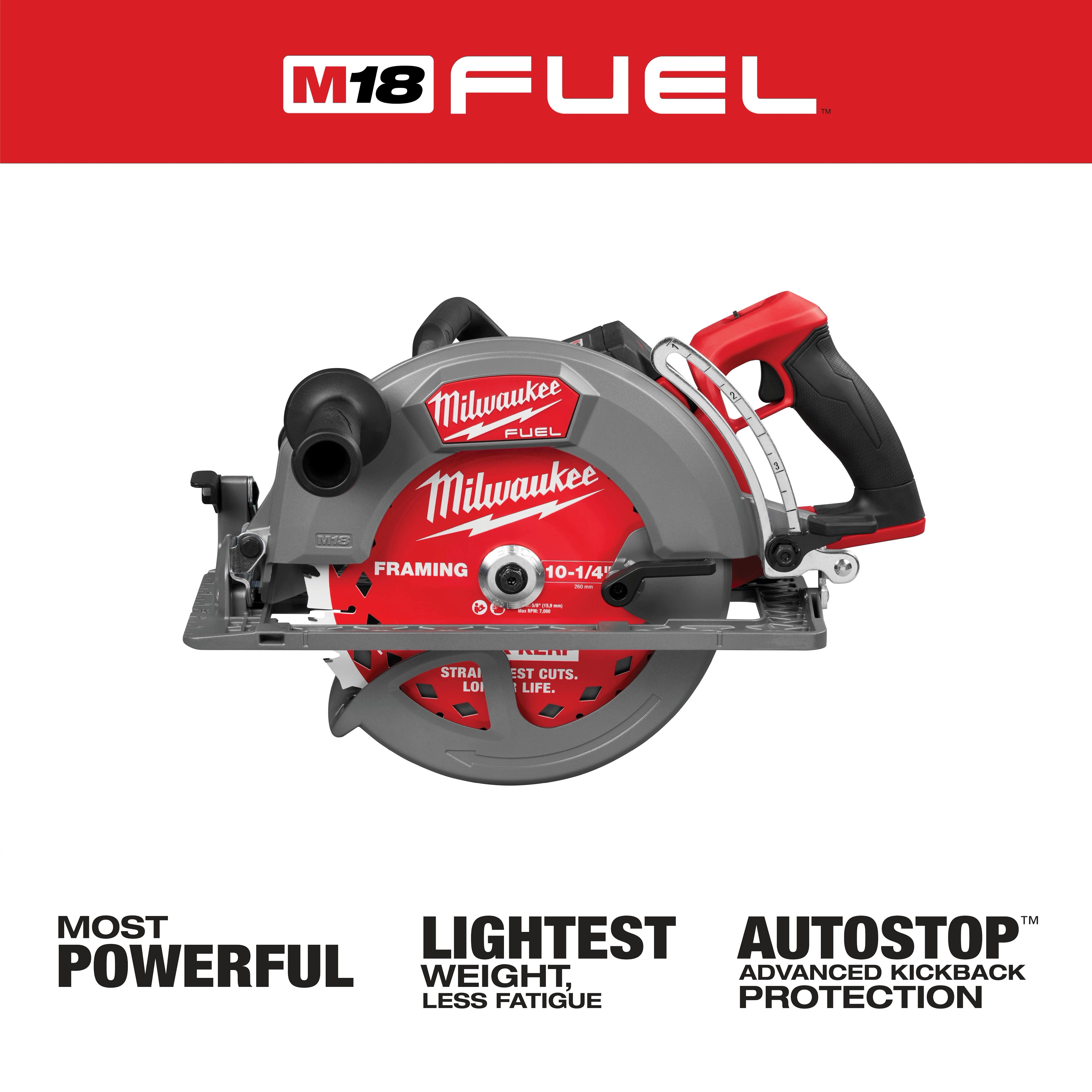 M18 FUEL 10-1/4" Rear Handle Circular Saw, highlighting features like most powerful, lightest weight, and autostop advanced kickback protection.