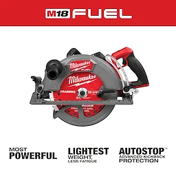 M18 FUEL 10-1/4" Rear Handle Circular Saw, highlighting features like most powerful, lightest weight, and autostop advanced kickback protection.