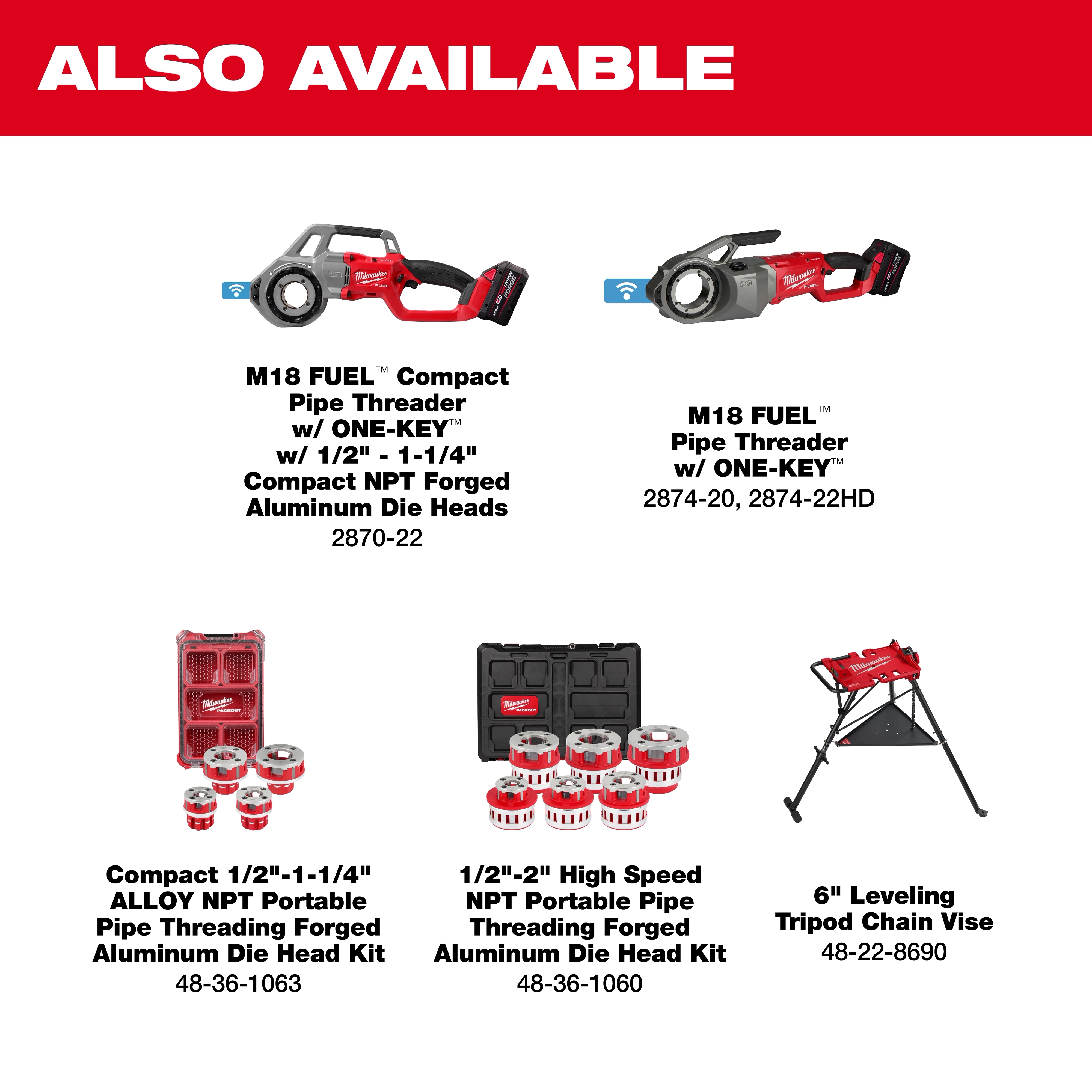 M18 Brushless Pipe Threading Oiler displayed among red and black pipe threading tools and accessories.