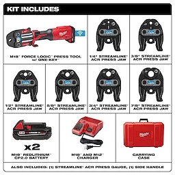 M18 FORCE LOGIC Press Tool with ONE-KEY kit includes seven press jaws, two batteries, charger, press gauge, side handle, and carrying case.