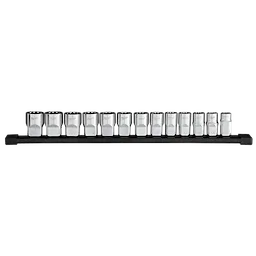 The image shows a 13pc 1/2” Drive 12-Point Metric Socket Set arranged in a black holder. Each socket is labeled with its respective size, ranging from 10mm to 22mm. The sockets are neatly displayed in a single row.