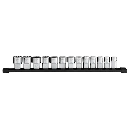The image shows a 13pc 1/2” Drive 12-Point Metric Socket Set arranged in a black holder. Each socket is labeled with its respective size, ranging from 10mm to 22mm. The sockets are neatly displayed in a single row.