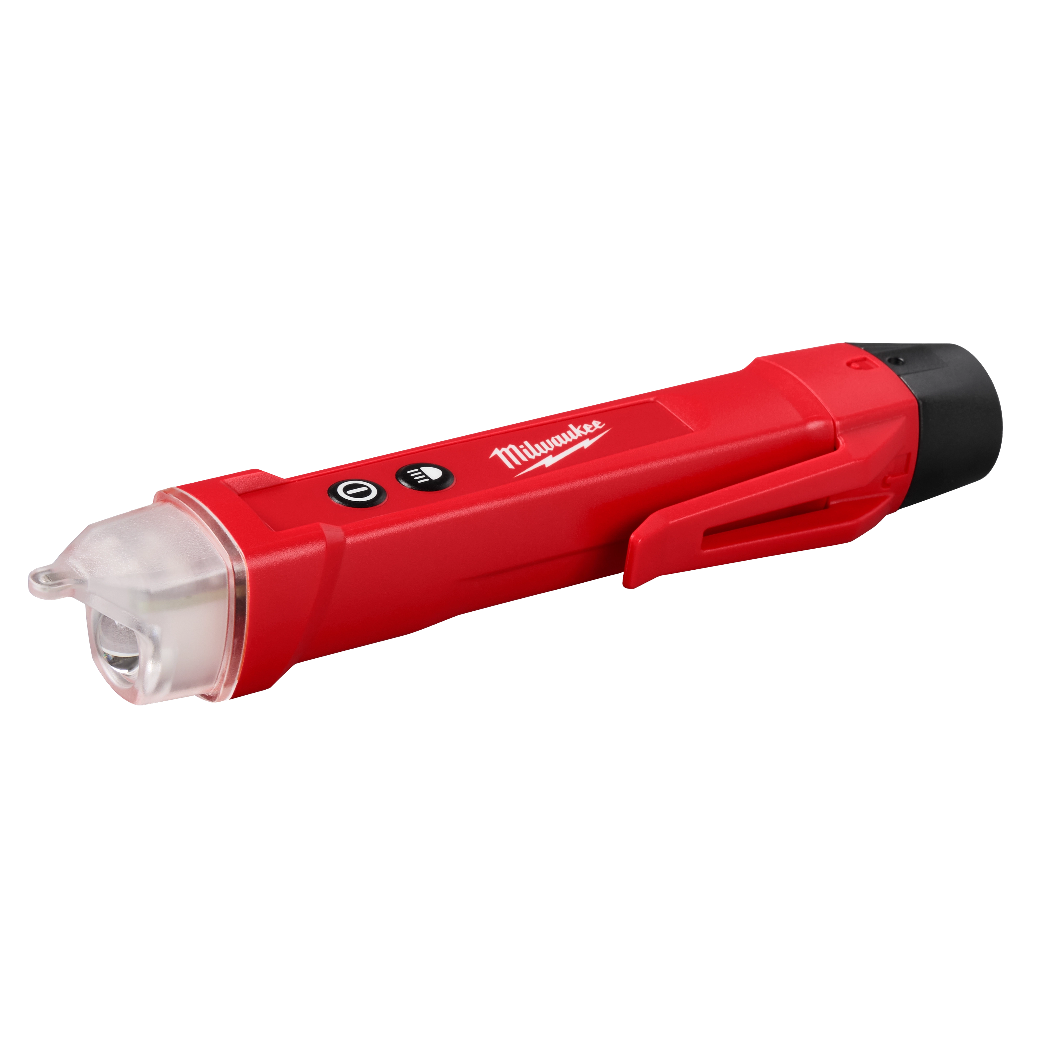 This red Voltage Detector w/ LED features a pen-like design with a black tip and an LED light at one end. It has two buttons and a clip for easy attachment. Suitable for safely detecting electrical voltage.