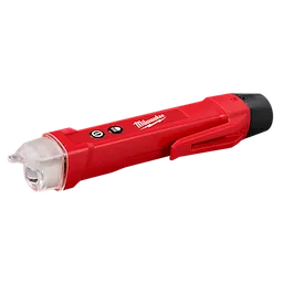 This red Voltage Detector w/ LED features a pen-like design with a black tip and an LED light at one end. It has two buttons and a clip for easy attachment. Suitable for safely detecting electrical voltage.