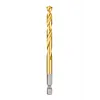 Red Helix Titanium Impact Drill Bit is a gold-colored drill bit with a spiral design for enhanced cutting efficiency. The bit has a hexagonal base for secure attachment to impact drivers. Suitable for heavy-duty drilling tasks, the titanium coating increases durability and resistance to wear.